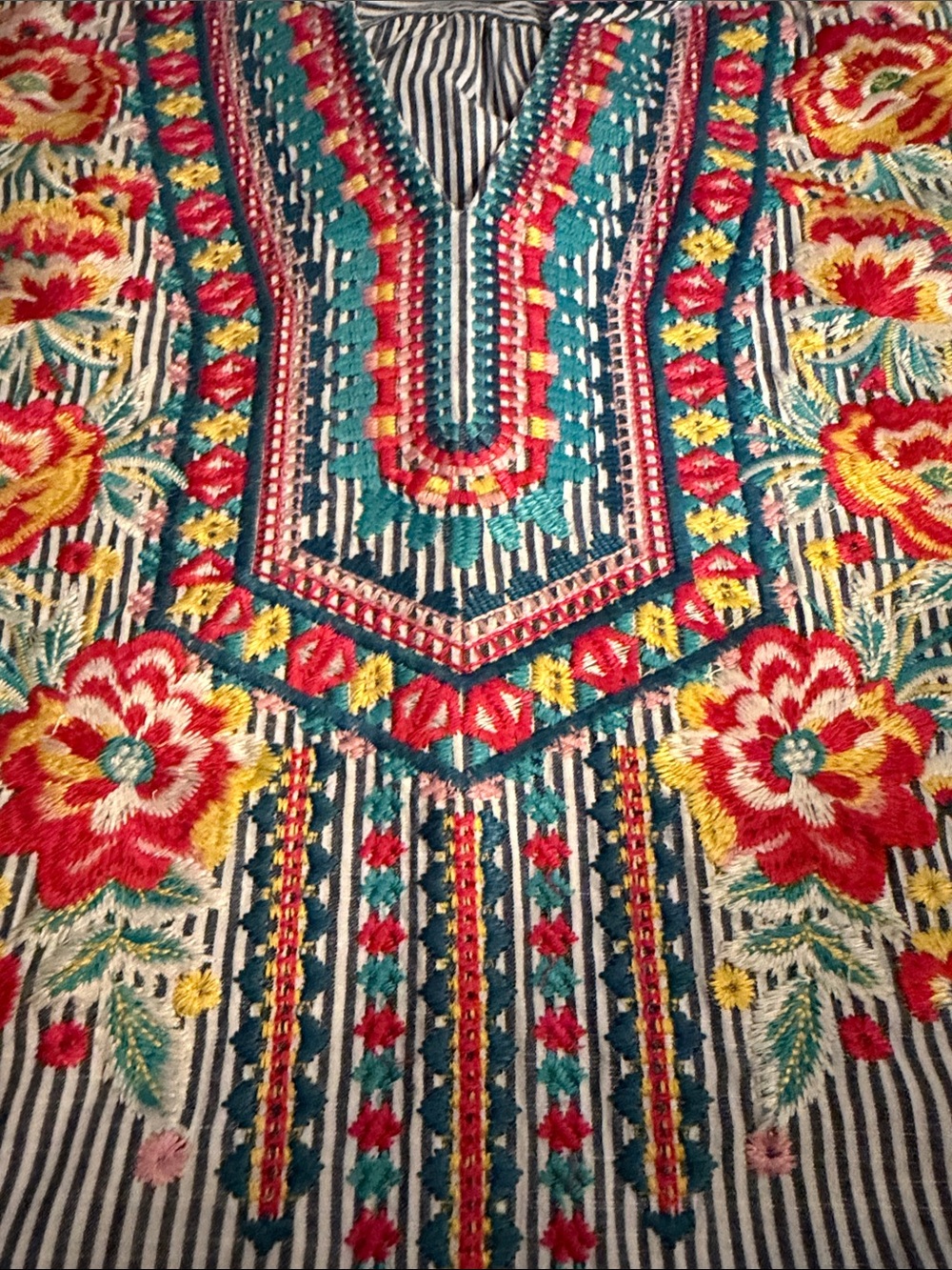 Embroidered Striped Tunic Top - Blue with Multicolor Floral Detail - Picture 4 of 4
